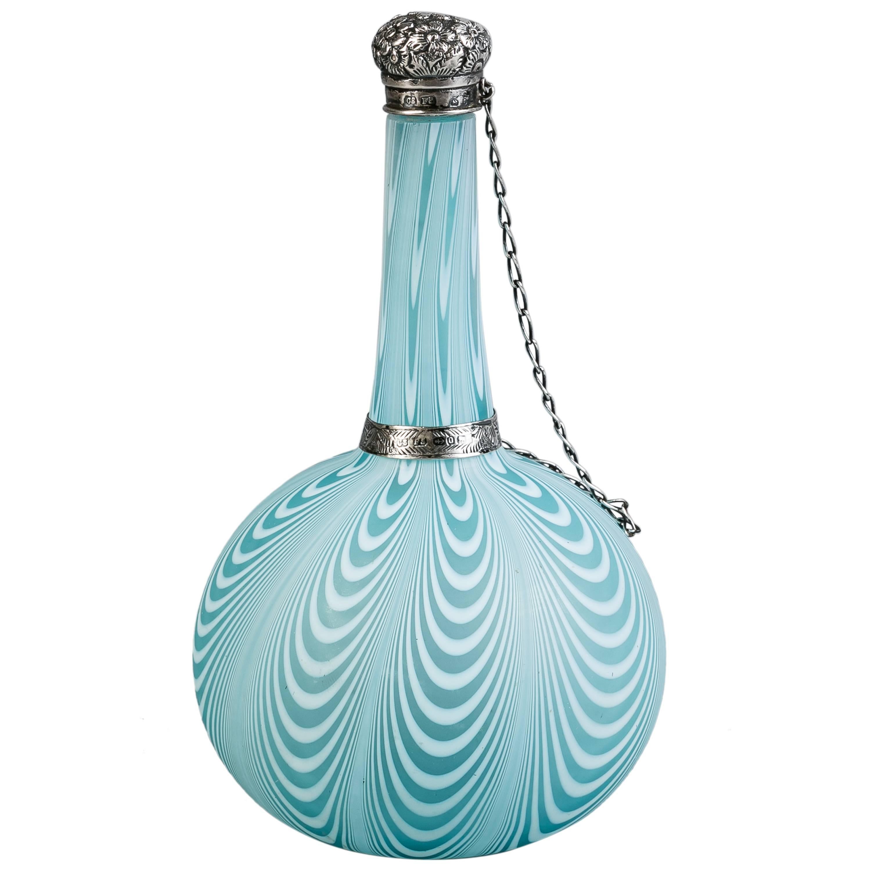 English Silver-Mounted Swirled Glass Perfume Bottle For Sale