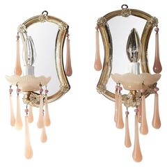 Antique French Pink Opaline Drops Mirror Murano Glass Sconces