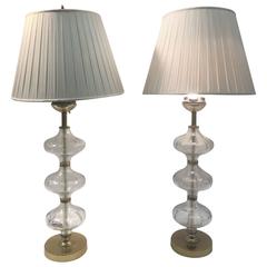Vintage Stunning Pair of Modernist Etched Design Clear Glass and Brass Lamps