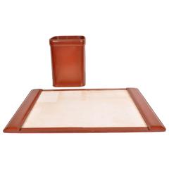 Vintage Leather Writing Pad and Bin in the Style of Jacques Adnet, circa 1960