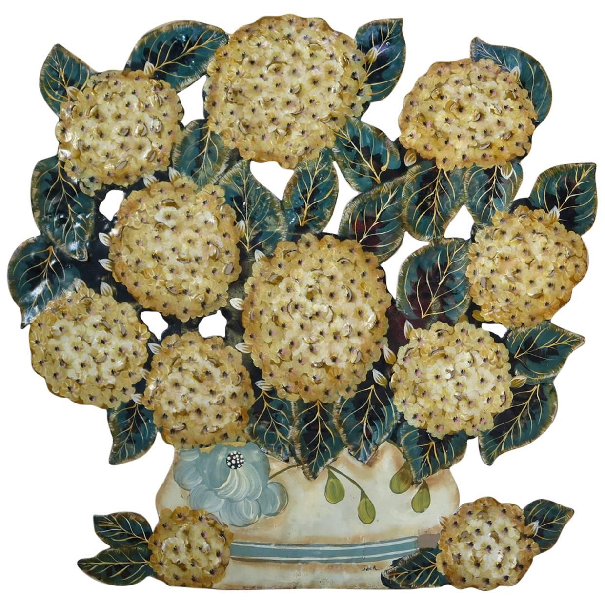 Decorative Tôle Peinte Hydrangea Bouquet, France, circa 1920s