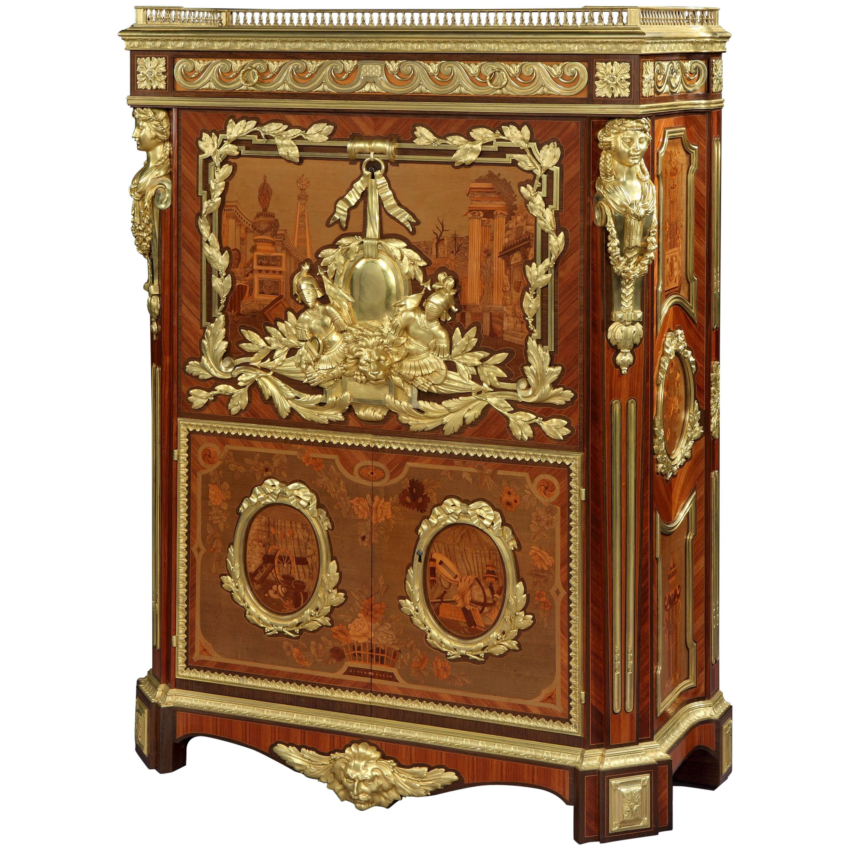 Rare French Marquetry and Gilt Bronze Secretaire with Architecture Scenes For Sale