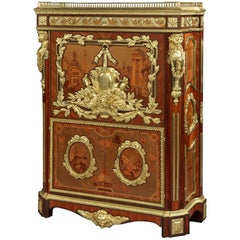 Rare French Marquetry and Gilt Bronze Secretaire with Architecture Scenes