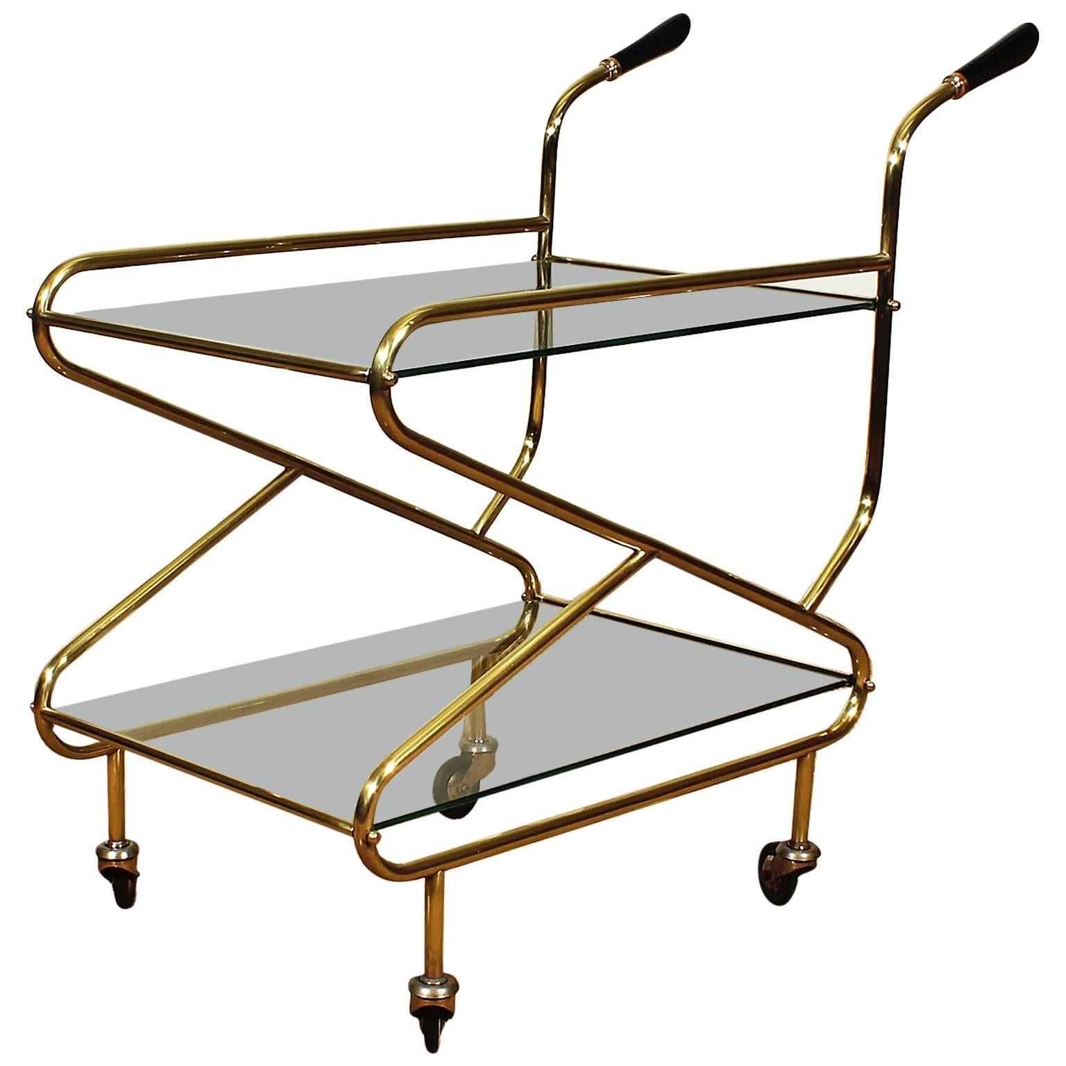 Mid-Century Modern Bar Cart In Solid Brass, Original Glasses - France For Sale