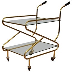 Vintage Mid-Century Modern Bar Cart In Solid Brass, Original Glasses - France