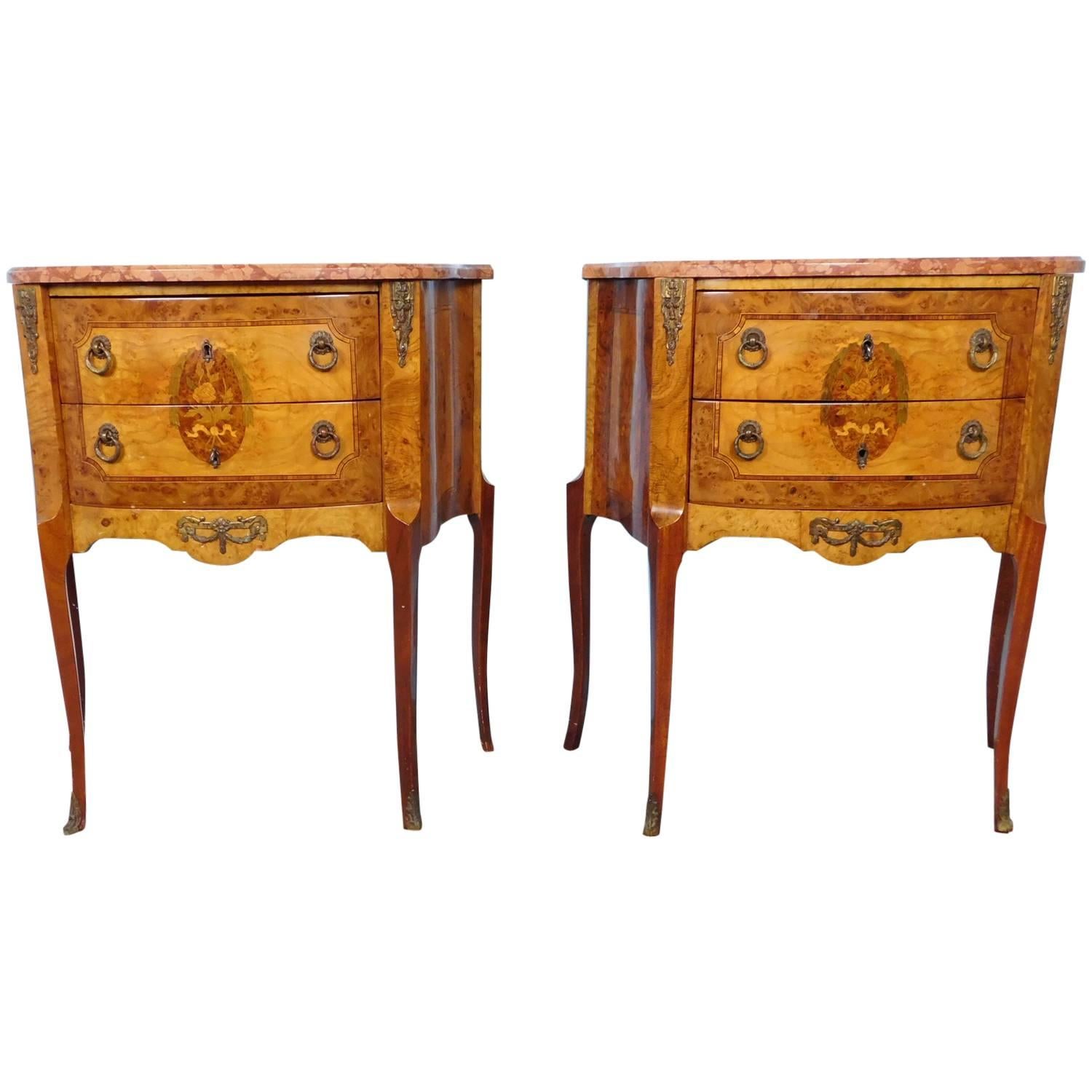 Pair of Marble Top Inlaid Satinwood French Side Tables, circa 1930