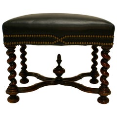 William and Mary Style Walnut Barley Twist Stool with Dark Leather Upholstery