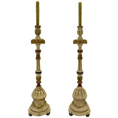 Pair of 19th Century Italian Cream and Polychrome Decorated Pricket Candlesticks