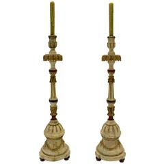 Pair of Italian White and Polychrome Decorated Pricket Candlesticks 9