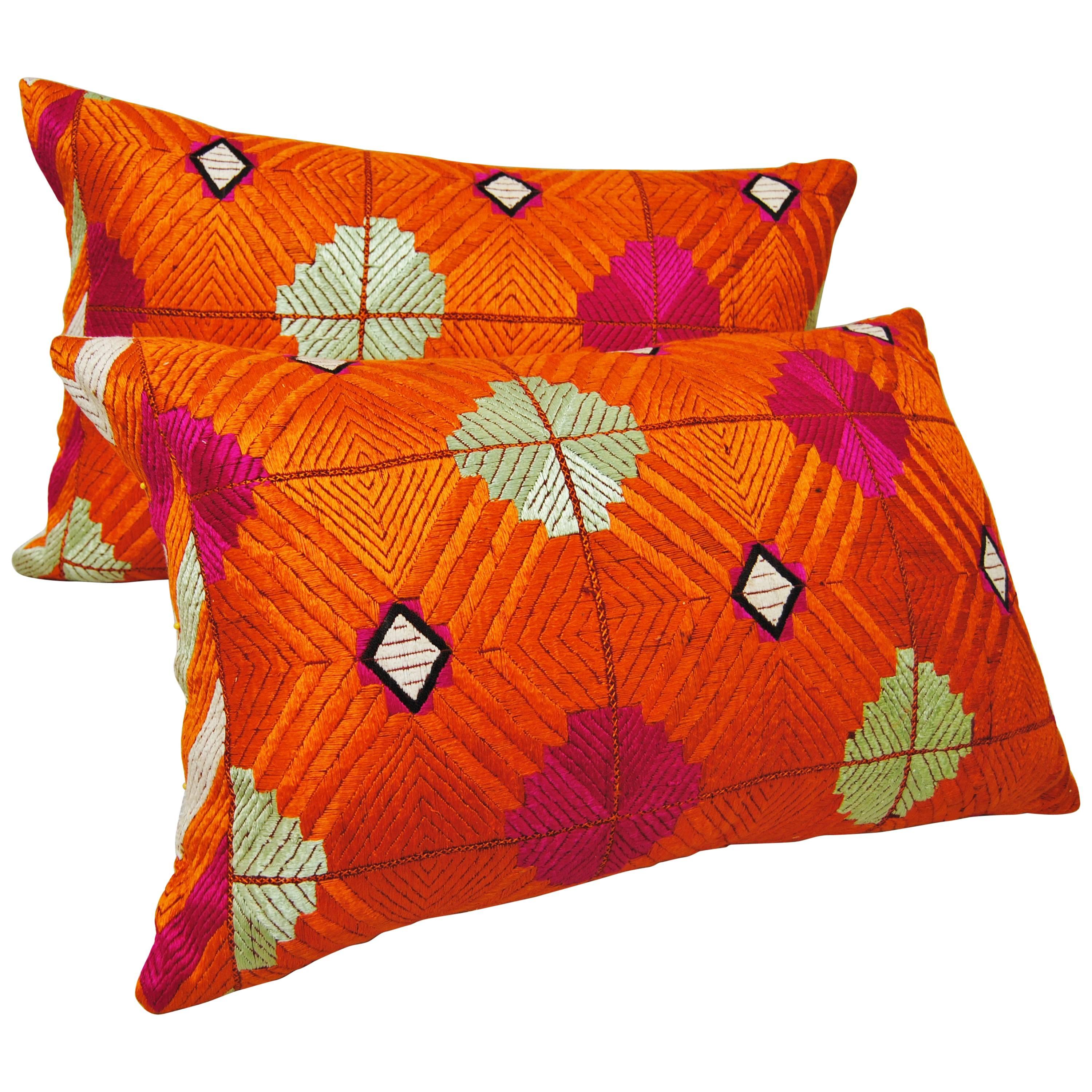 Phulkari Bagh Silk Embroidered Vintage Wedding Shawl Pillow, Punjab, India For Sale