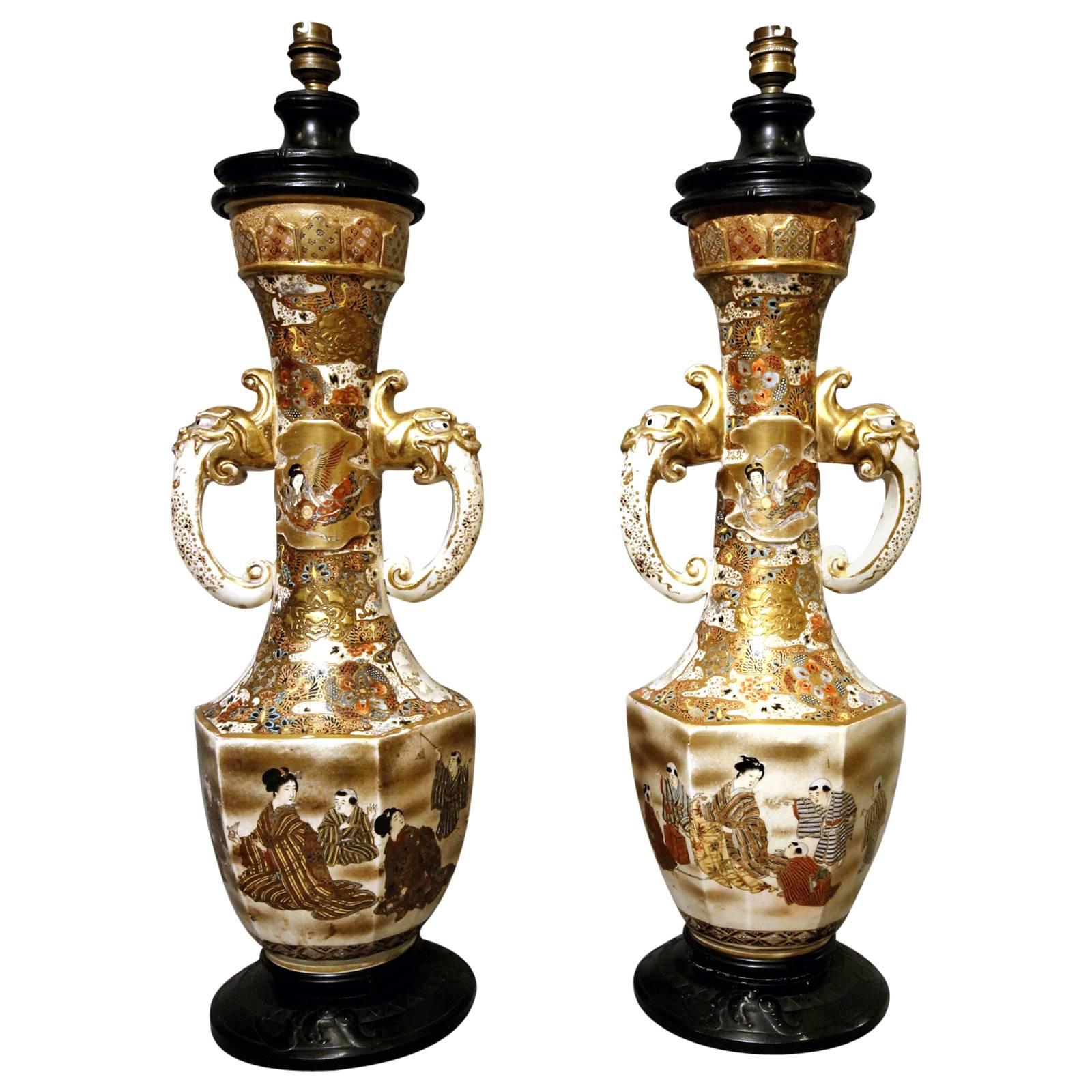 Seltenes Paar Satsuma-Tischlampen, Japan, Ende des 19. Jahrhunderts