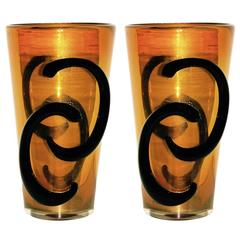 Giulio Ferro Italian Modern Pair of Iridescent Gold and Black Murano Glass Vases 9