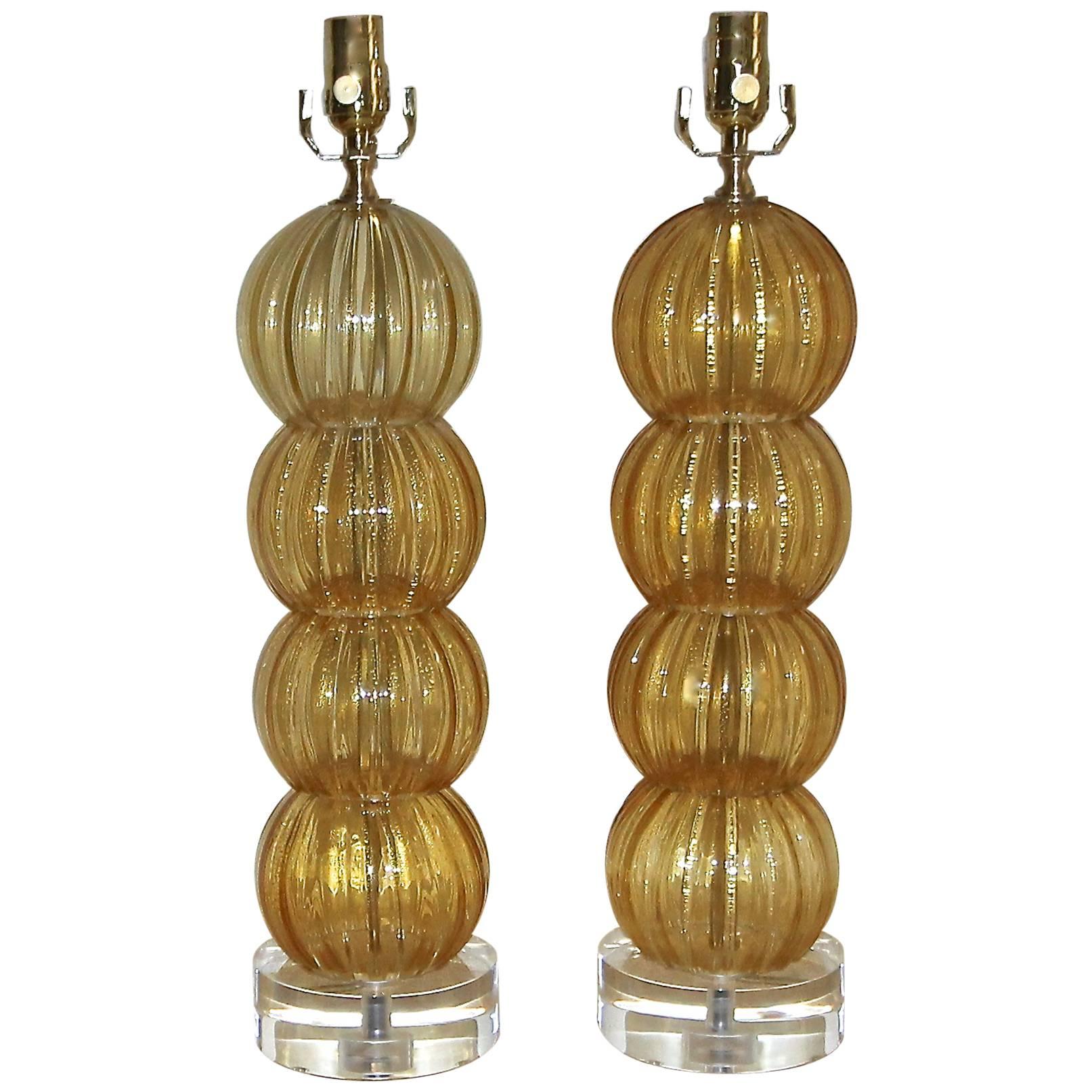Pair of Murano Italian Amber Gold Stacked Ball Lamps