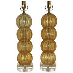 Pair of Murano Italian Amber Gold Stacked Ball Lamps