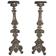 Pair of Repousse Baroque Plated Silver Candlesticks