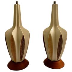 1950s Atomic Age Pair of Mid-Century Ceramic Table Lamps on Walnut Bases