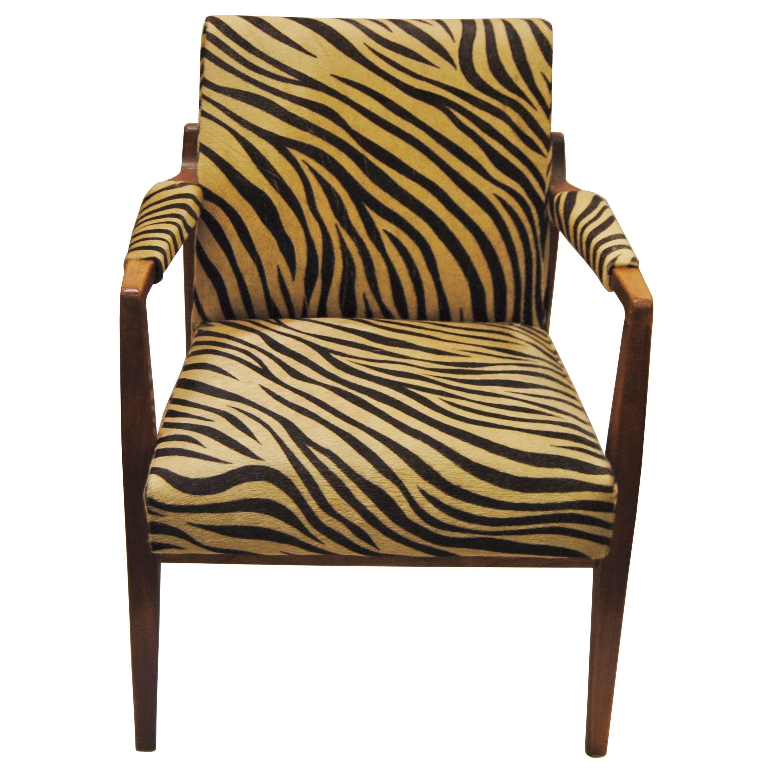 Vintage Danish Modern Walnut Chair Upholstered in Edelman Zebra Cowhide For Sale
