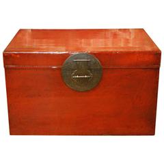 Antique Red Lacquer Leather Kimono Trunk