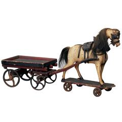 Antique Realistic Child's Toy Horse and Cart, English, Late 19th Century