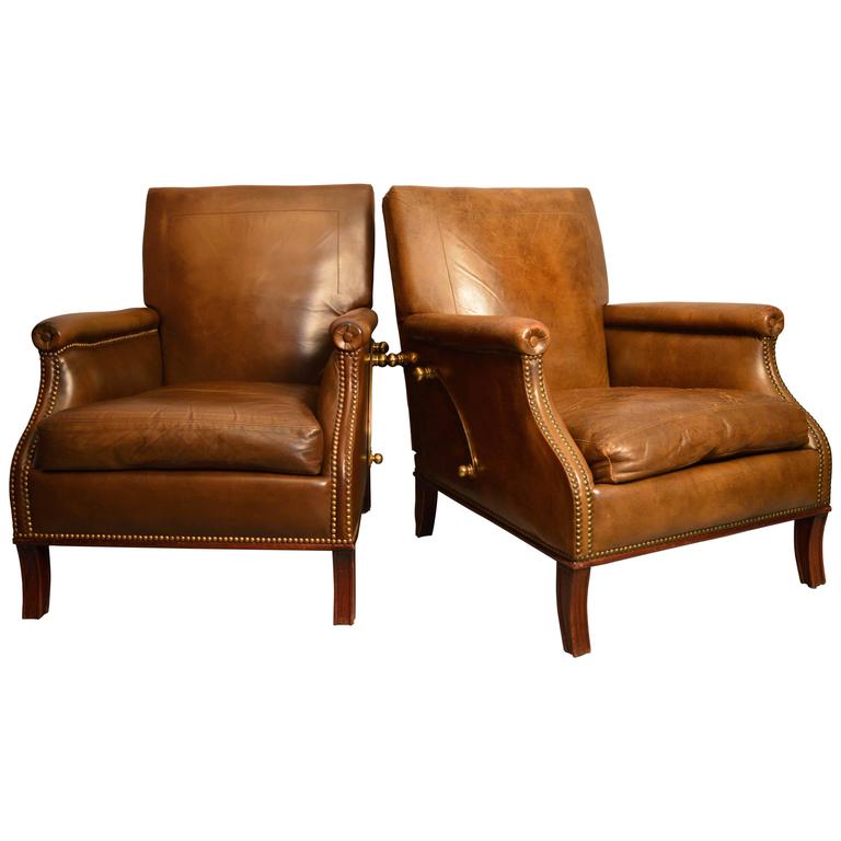 Pair of French Leather Reclining Armchairs at 1stDibs