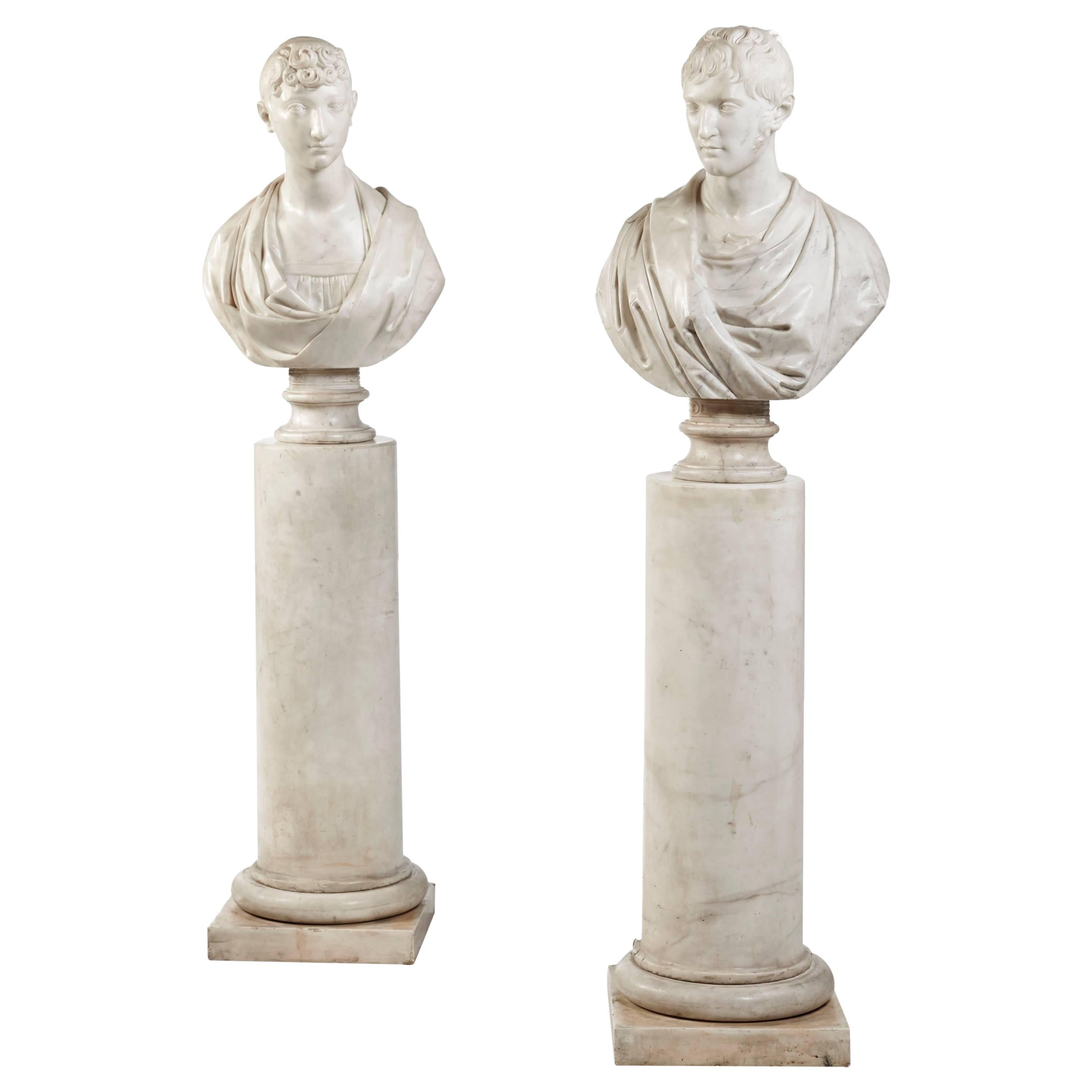 Exceptional Pair of Marble Busts on Original Columns, Italy, circa 1810 For Sale