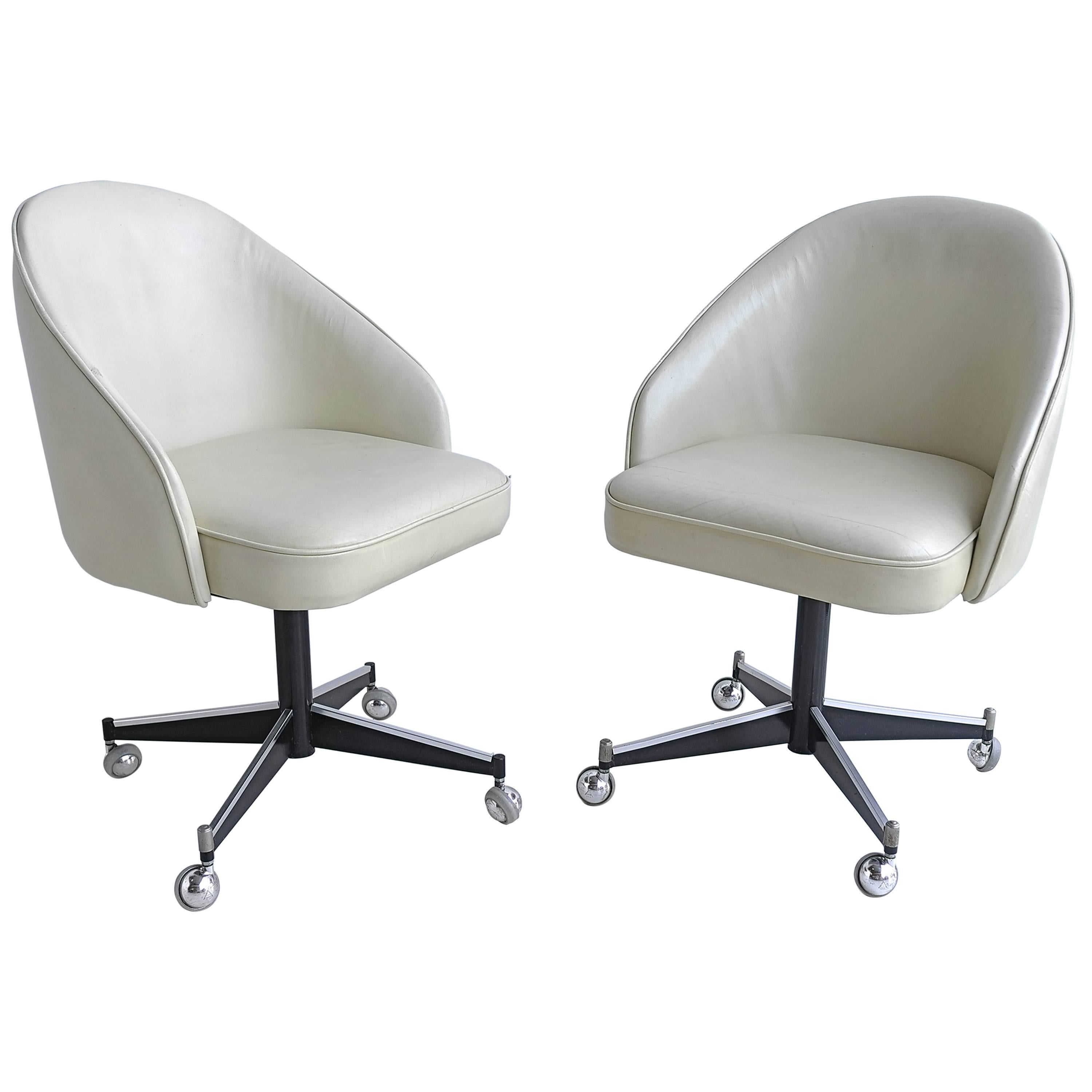 Pair of White Leather Lady Desk Chairs, Italy, 1950s