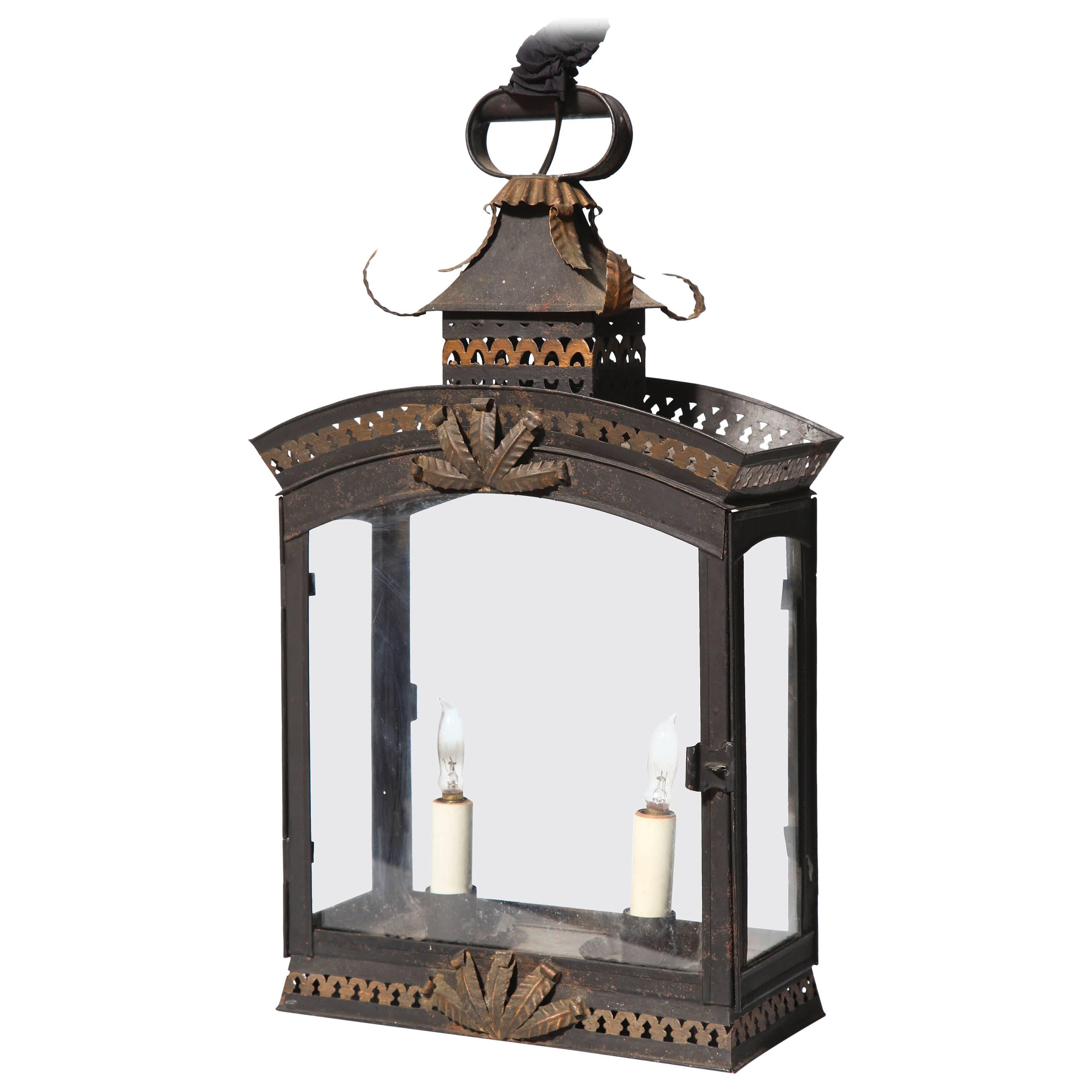 Charming Two-Light Tole Painted and Gilded Lantern