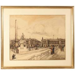 Vintage Watercolor Painting by Frank Will, circa 1930 "La Place de la Concorde"