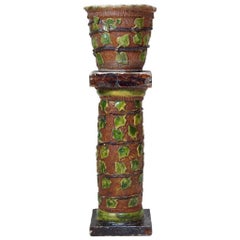 Antique Ivy-Motif Folk Art Pottery Garden Column & Planter - France, Early 20th Century