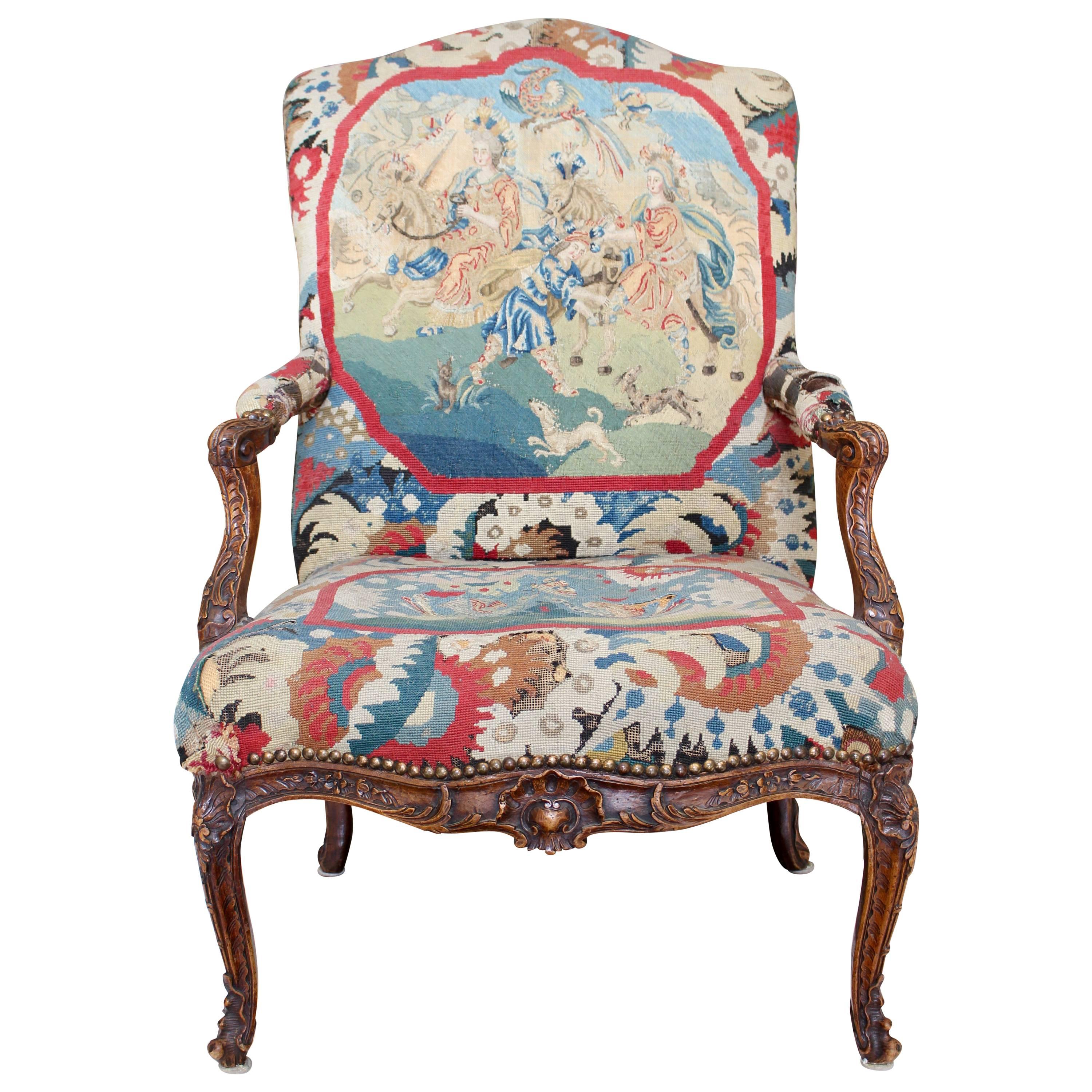 Elegant Regence Needlework-Upholstered French Walnut Fauteuil Chair