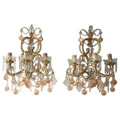 French Three-Light Pink Murano Balls and Crystal Prisms Sconces, circa 1900