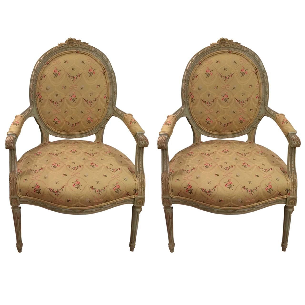 Pair of Celadon Green Painted Louis XVI Style Armchairs Fauteuils