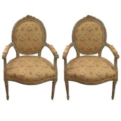 Pair of Celadon Green Painted Louis XVI Style Armchairs Fauteuils