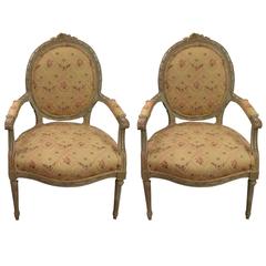 Pair of Celadon Green Painted Louis XVI Style Armchairs Fauteuils 6