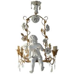 French Huge Porcelain Cherub Swinging Roses Chandelier, circa 1940