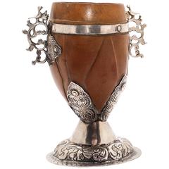 Antique Spanish Colonial Carved Coconut with Silver Mounts, Guatemala, 18th Century