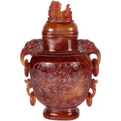 Exquisite Hand Carved Cinnabar Agate Covered Cinese Urn with Foo Dog Adornment