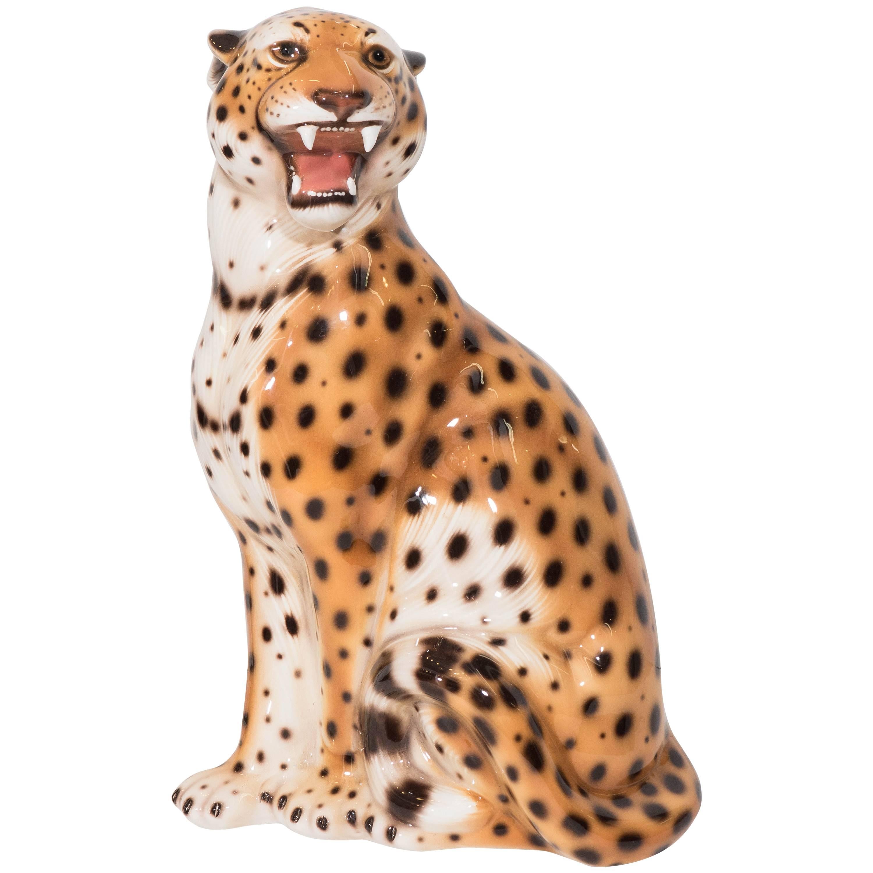 Italian Midcentury Ceramic Leopard Sculpture