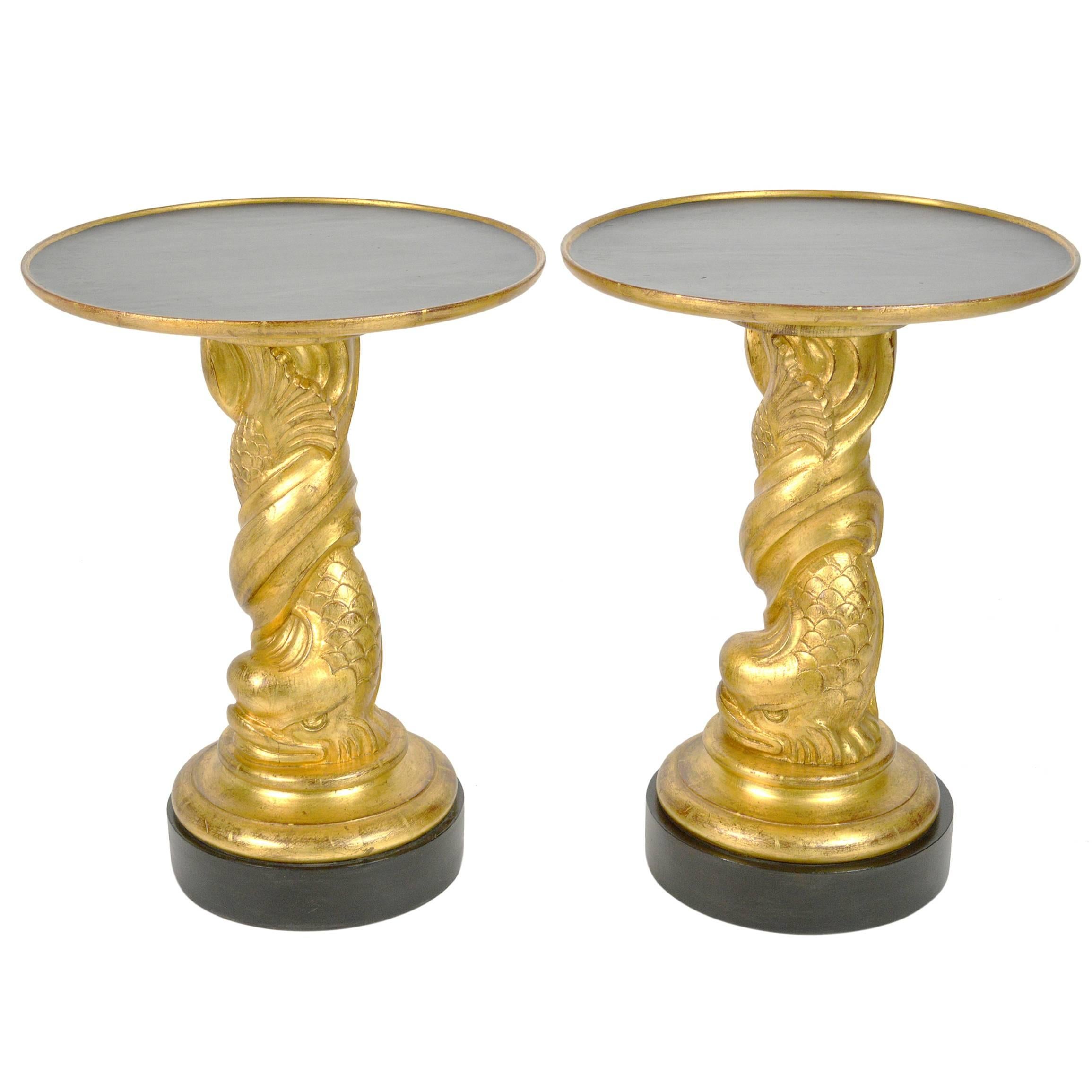 Hollywood Regency Style Pair of Carved Giltwood Side Tables For Sale