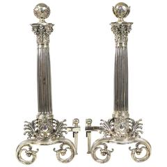 Antique Monumental Pair of Neoclassical Style Silvered Column Andirons