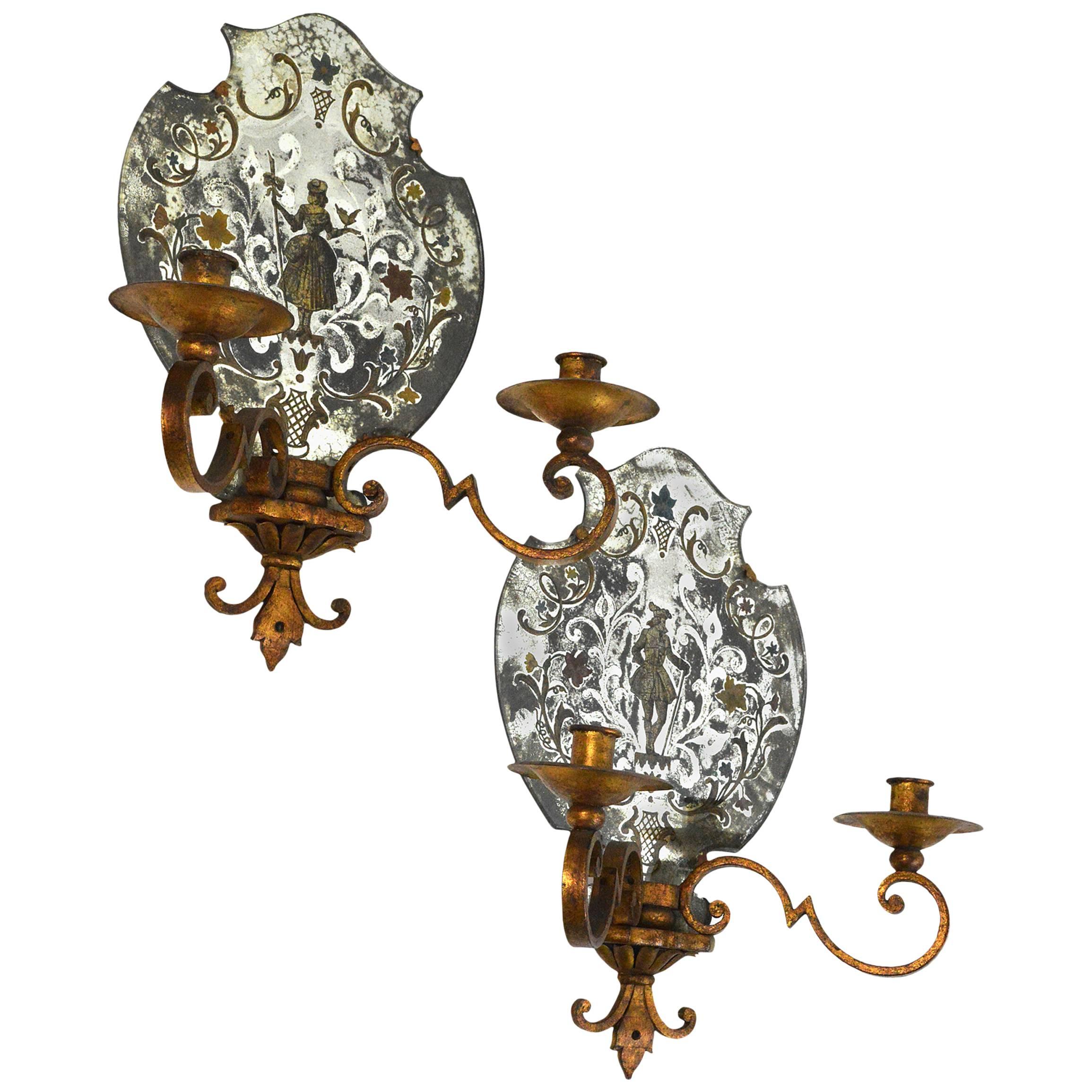 Pair of Venetian Style Mirrored Two-Arm Wall Sconces For Sale