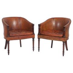 Antique Pair of Brown Leather Classic Tub Chairs