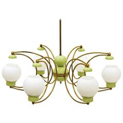 1950s Italian Brass, Glass and Mint Lacquered Chandelier