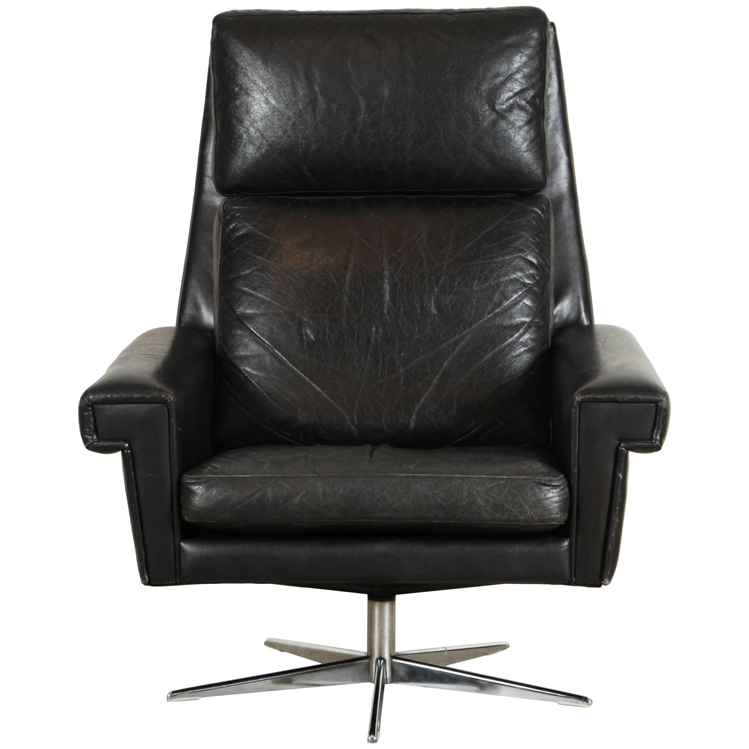 Black Leather Danish High Back Swivel Chair