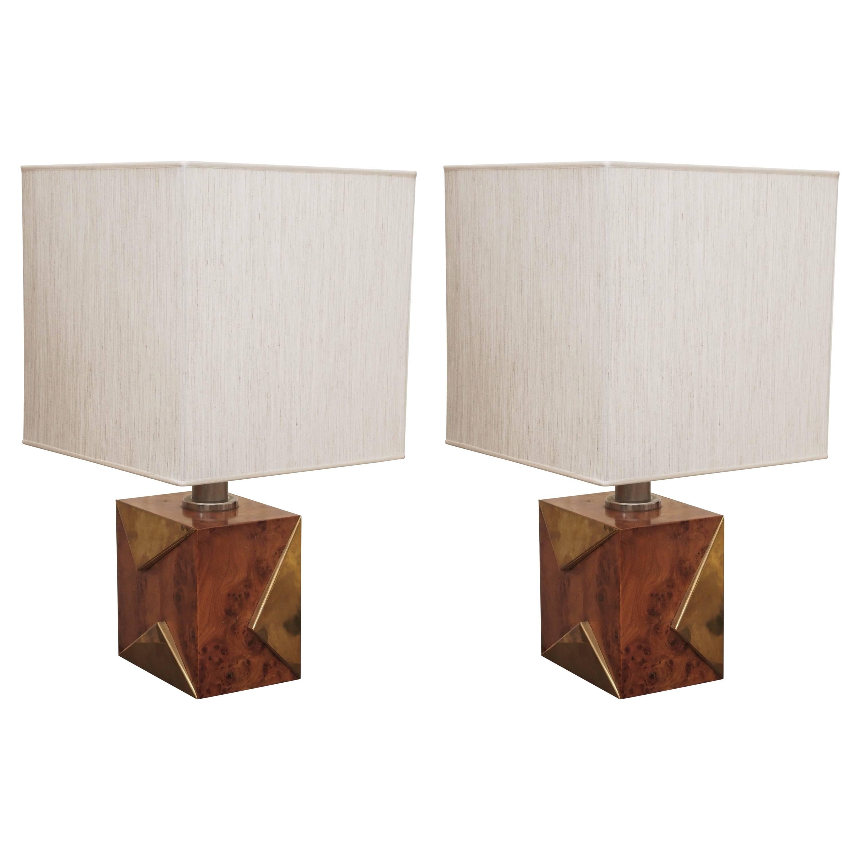 Pair of 1970s Brass and Burl Table Lamps For Sale