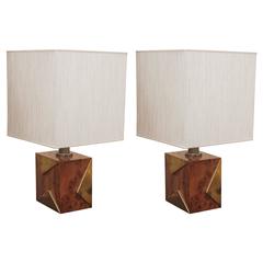 Pair of 1970s Brass and Burl Table Lamps