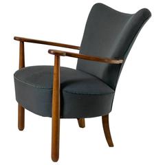 Danish Curved Easy Chair with Nut Wood Frame and Blue Wool, 1940s 5
