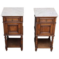 Pair of Marble-Top Oak Bedside Cabinets