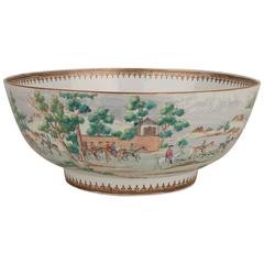 Antique Chinese Export Porcelain Famille Rose English Market Hunting Bowl, 18th Century