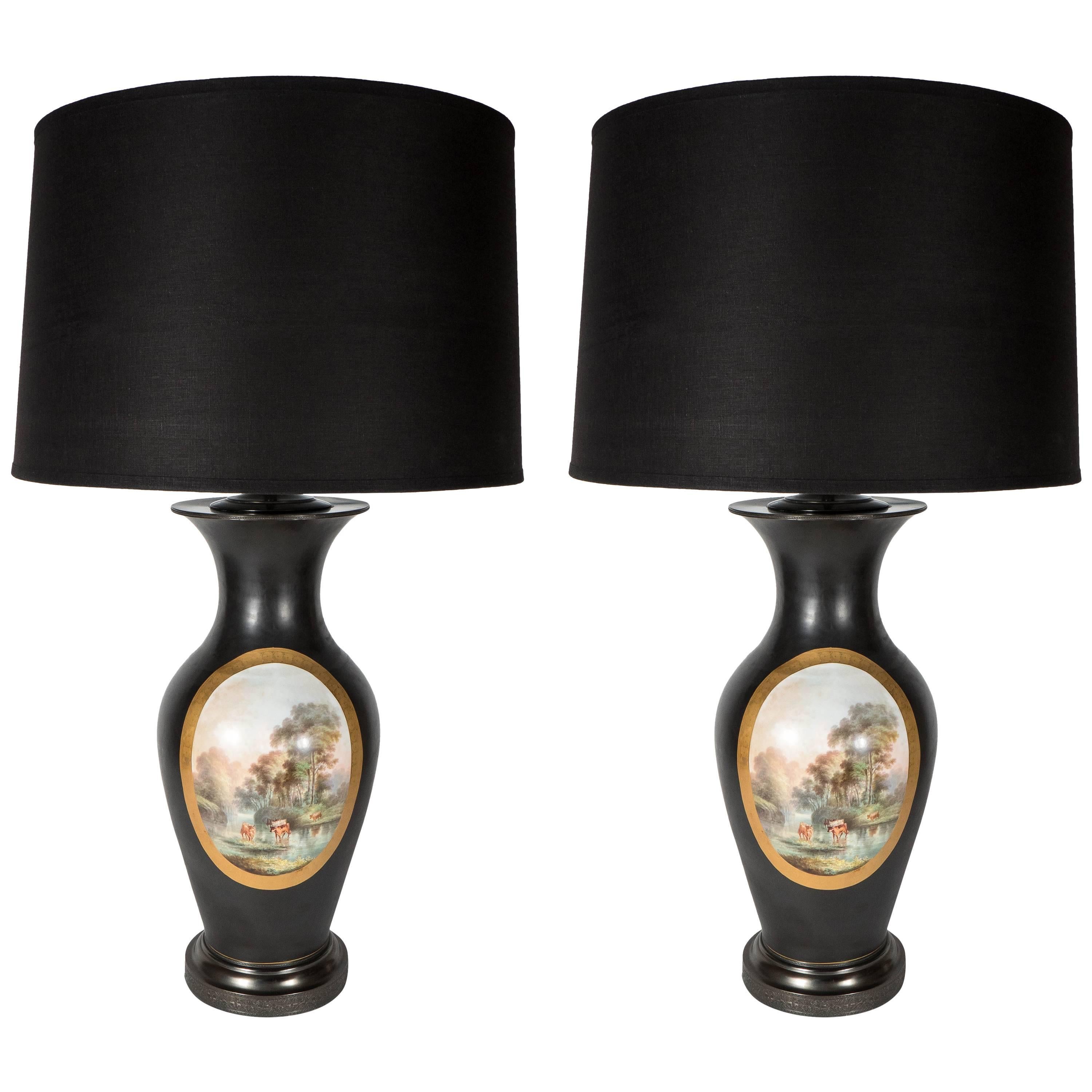 Pair of Art Deco Urn Form Black Bisque Glaze Table Lamps with Pastoral Scene